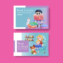 Facebook template with world book day concept,watercolor style