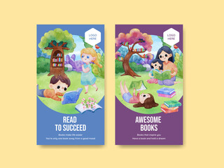 Fototapeta premium Instagram template with world book day concept,watercolor style