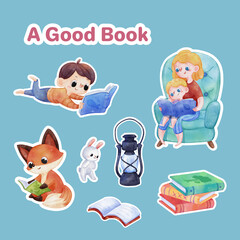 Sticker template with world book day concept,watercolor style
