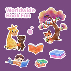 Fototapeta premium Sticker template with world book day concept,watercolor style
