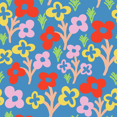 Blue with pink, red and yellow flower elements with their stems and green lime leaves seamless pattern background design.