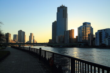 静かな隅田川テラスと高層ビル群の夕景