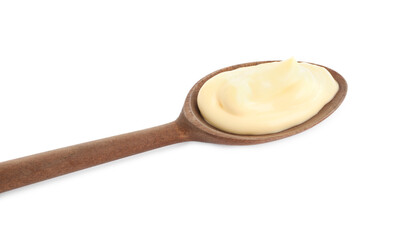 Wooden spoon with tasty mayonnaise isolated on white