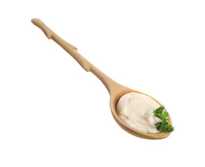 Wooden spoon with tasty mayonnaise and parsley isolated on white