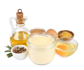 Delicious homemade mayonnaise, spices and ingredients on white background