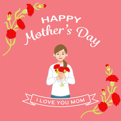 Smiling mother and carnation flowers- Mother's day template design square ratio