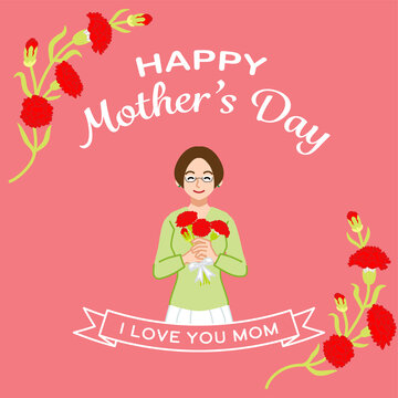 Smiling mother who wearing eyeglasses holding carnation flowers- Mother's day template design square ratio