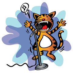 Cartoon happy Cat sings in karaoke. Animal cartoon character.