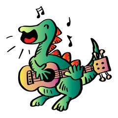 Obraz premium Cartoon Dinosaur sings with guitar. Animal cartoon character.