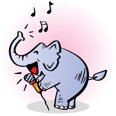 Cartoon happy elephant sings in karaoke. Animal cartoon character.