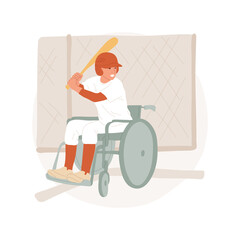 Baseball abstract concept vector illustration. Disabled kid in a wheelchair with special equipment playing baseball, handicapped people lifestyle, physical activity outdoors abstract metaphor.