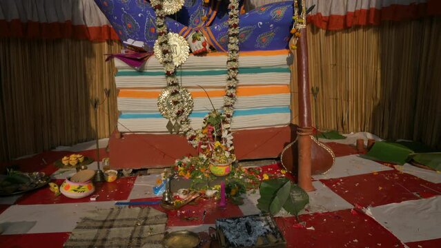 Howrah, West Bengal, India - 5th February 2022 : Saraswati Puja. Idol of Goddess Saraswati inside pandal. Saraswati is Hindu goddess of knowledge, music, art, wisdom, and learning.