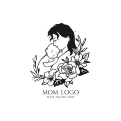 Mother's day logo, newborn icon art, mom holding baby with flower illustration