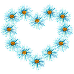 Frame heart of blue daisies, elements hand-painted in watercolor, isolated on white background.