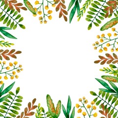 A frame of a variety of stylized green leaves, plants, grasses and yellow small flowers. Painted by hand in watercolor, isolated on a white background.
