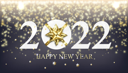 Vector 2022 Happy New Year background with gift with golden bow