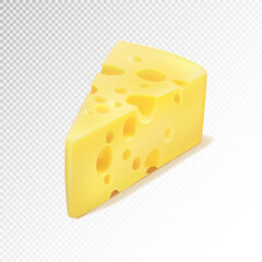 Triangular piece of cheese, cheese icon 3d, cheese realistic food, Vector illustration on transparent background