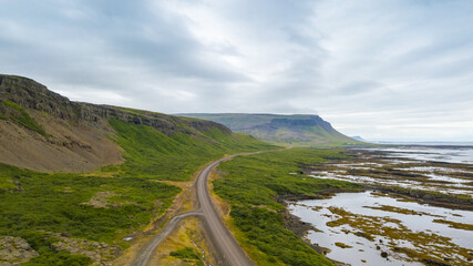 Fototapeta na wymiar Summertime Aerial view of landscape on the road in Iceland, west fjords in Iceland