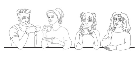 Linear men and women with a cup of coffee. Vector.