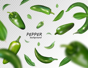 Falling green chili or chilli pepper isolated on transparent Realistic vector, 3d illustration