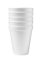 Stack of styrofoam cups on white background