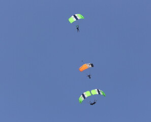 People Skydiving with a clear blue sky