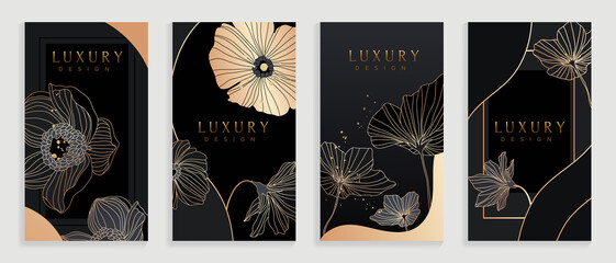 Luxury magnolia hand drawn pattern on black cover design template. Elegant background with magnolia flowers design in gold line art. For social media post, internet, packaging, covers, and prints. © TWINS DESIGN STUDIO