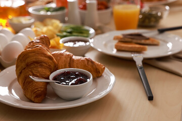 Dishes with different food on table. Luxury brunch