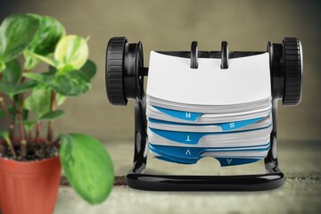 White January 2022 calendar with potted plant on wooden desk on background