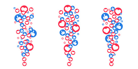 Likes hearts and thumbs flying up for stories and live streams. Like and thumbs icons for social media ui. Vector illlustration isolated in white background