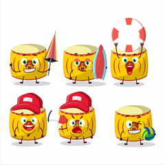 Happy Face yellow chinese drum cartoon character playing on a beach