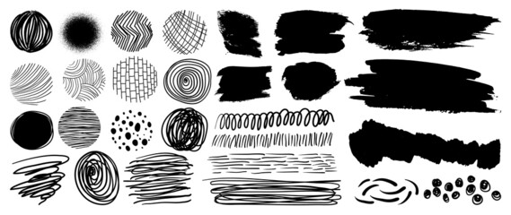 Set of abstract hand drawn patterns and organic line in circle. Elements of watercolor brush, curved and wavy line, scribble and brush stroke. Collection for product design, marketing, ads and decor. © TWINS DESIGN STUDIO