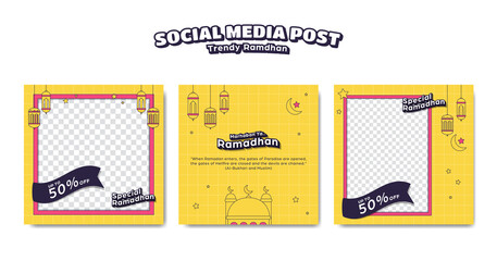 Yellow trendy colorful instagram square post islamic ramadan template set for product sale promotion - obrazy, fototapety, plakaty