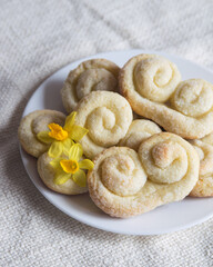 Homemade cottage cheese and sugar cookies on white plate, selective focus. Easter pastry