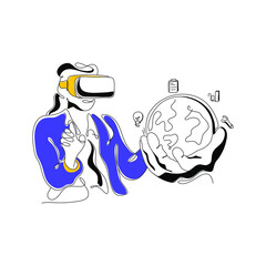 Developer Flat Illustration Metaverse Virtual Reality concept, color dark blue, yellow, black, hand drawn line style, can be used for landing page, web, UI, banner, web development