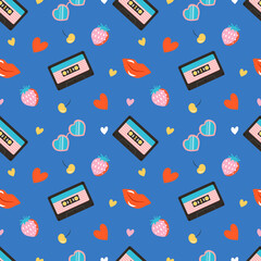 vector seamless retro pattern in 90s style with hand drawn cassette tapes, hearts, glasses, strawberries. flat style pattern for printing on fabric, clothing, wrapping paper
