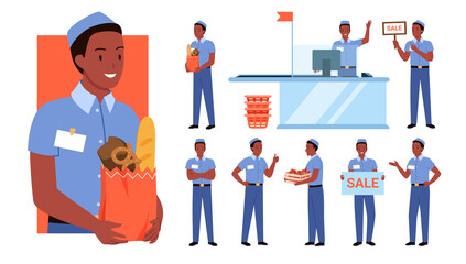 Set of african american guy seller in diverse working poses. Cheerful shopping store cashier, advertising sale promotion manager, customer serving assistant flat vector illustration