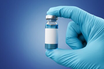 Hand in medical gloves holding a vaccine vial with Covid 19 Vaccine Booster text, for Coronavirus booster shot.