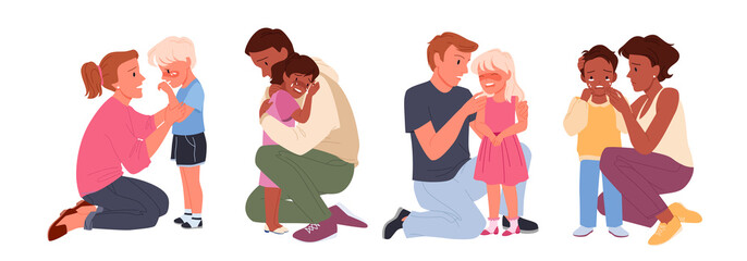 Set of worried parents calming down crying children. Parenthood care and childhood problems, kid supporting moment and emotional comforting help cartoon vector illustration