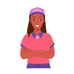 Supermarket female worker standing vector illustration. Cartoon friendly saleswoman working in retail grocery store, employee storekeeper in uniform and hat greeting customers isolated on white