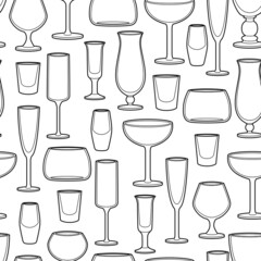 Vector line art seamless pattern alcohol glasses. Vector illustration