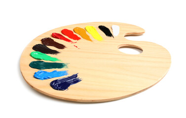 Palette with paints on white background. Artist equipment