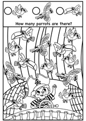 Help the little pirate to count the parrots. Black and white vector illustration for kids.
