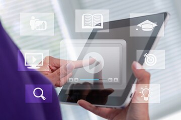 Education internet Technology. E-learning education, internet lessons and webinar. Person with a digital screen.