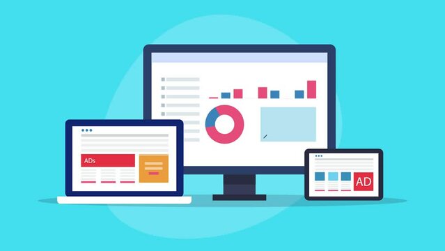 Advertising analytics, business solution for paid media and search marketing, campaign report management  concept. 2d animation 4k video clip.