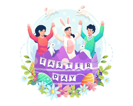 Happy Easter day celebration with young people and bunnies together coming out from inside decorated Easter eggshell. Flat style vector illustration