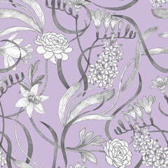Seamless watercolor pattern with hyacinth, freesia and narcissus. Hand drawn background with spring flowers - obrazy, fototapety, plakaty