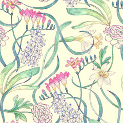 Seamless watercolor pattern with hyacinth, freesia and narcissus. Hand drawn vintage background with spring flowers - 488920810