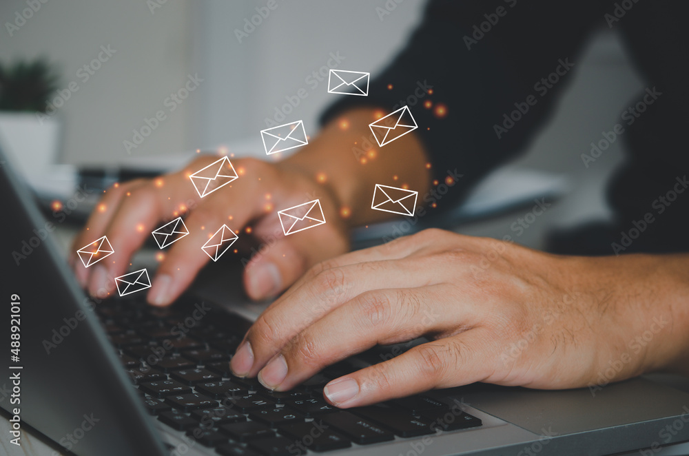 Poster marketing business sending information to customers or hacking online transactions. business concept