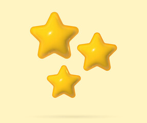 3d star in realistic cartoon style. Three yellow star for dreaming concept. Soft pop vector render design elements for feedback, award and achievements